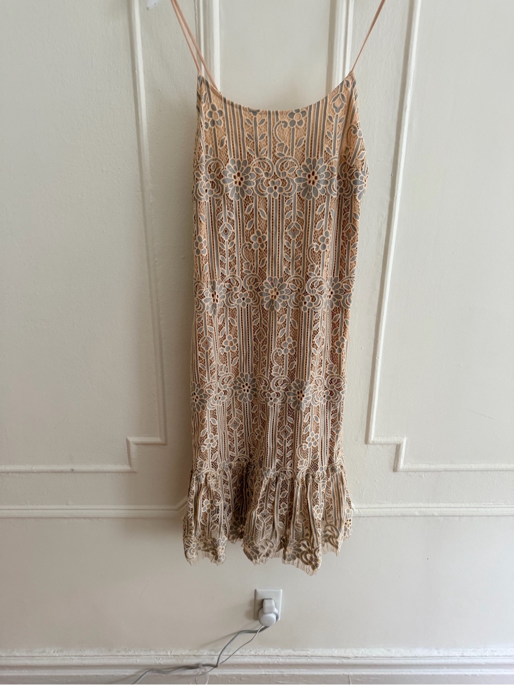 Floral Lace Midi Slip Dress in Beige